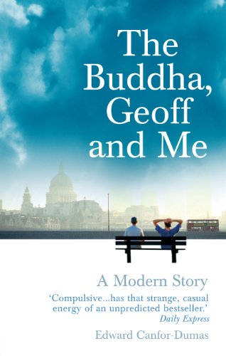 Book cover with blue sky, city skyline, and two figures on a bench.