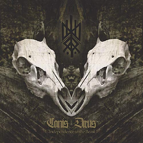Two dire wolf skulls facing each other with a dark symbol above.