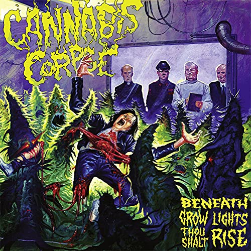 CD cover: grotesque illustration of figures among cannabis plants.