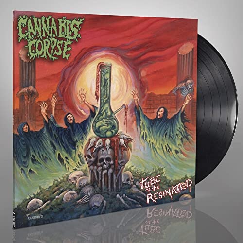 Vinyl record cover showing cloaked figures worshipping a glowing bong atop a skull altar.