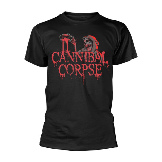 Black t-shirt with a graphic of a screaming face and blood drips.
