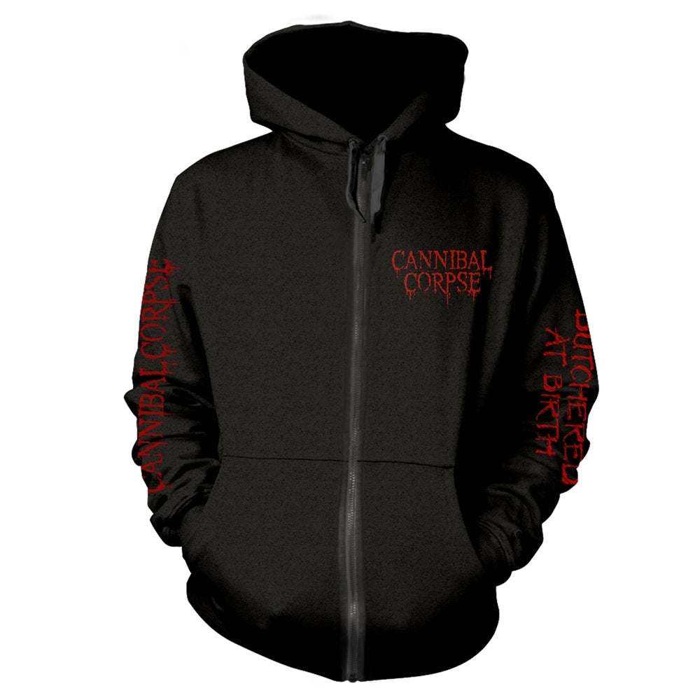 Black zipped hoodie with red "Cannibal Corpse" and "Butchered at Birth" text.