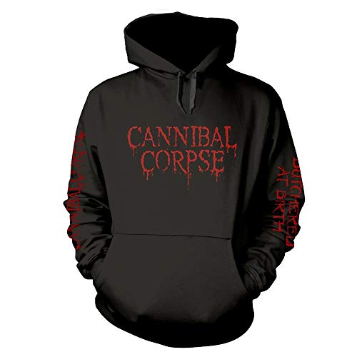 Black hoodie with red “Cannibal Corpse” text and graphic details.