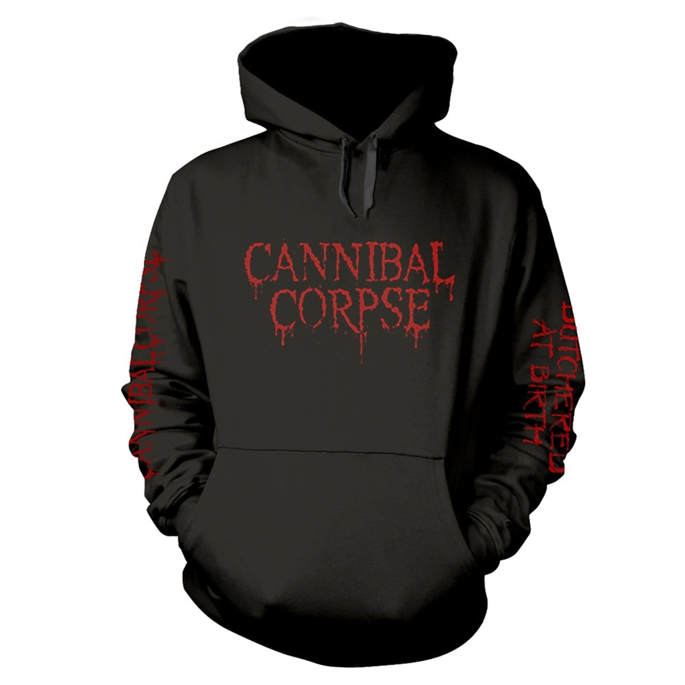 Black hoodie with red “Cannibal Corpse” text and graphic details.