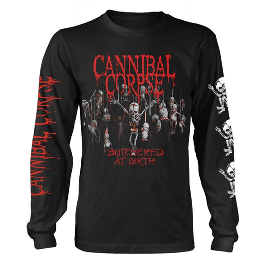 Black long-sleeve shirt with Cannibal Corpse album art and skulls.