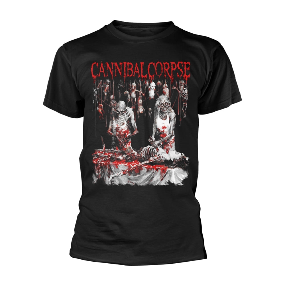 Black t-shirt with Cannibal Corpse album art: a gruesome, bloody scene.