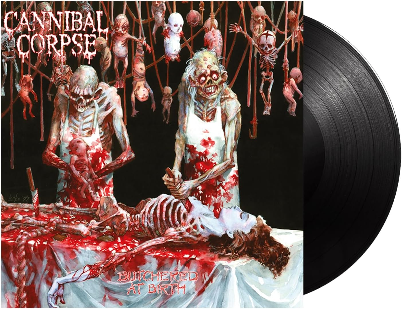 Cannibal Corpse Butchered at Birth album cover art featuring macabre figures and black vinyl record.
