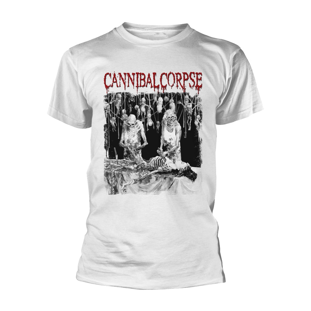 White t-shirt with black Cannibal Corpse album art depicting a gruesome scene.
