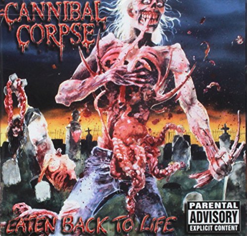 Graphic horror illustration of a disemboweled zombie in a graveyard with band logo.