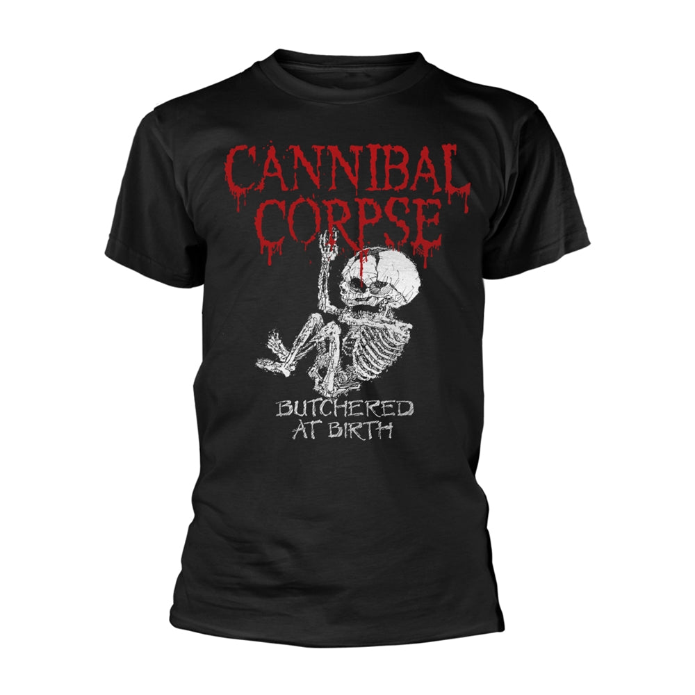 Black t-shirt with Cannibal Corpse logo and skeletal baby graphic.