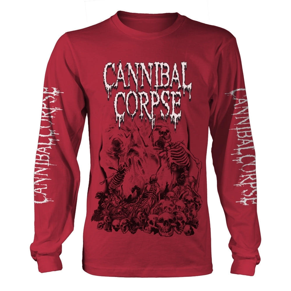 Red long-sleeve shirt with Cannibal Corpse band logo and skull pile graphic.