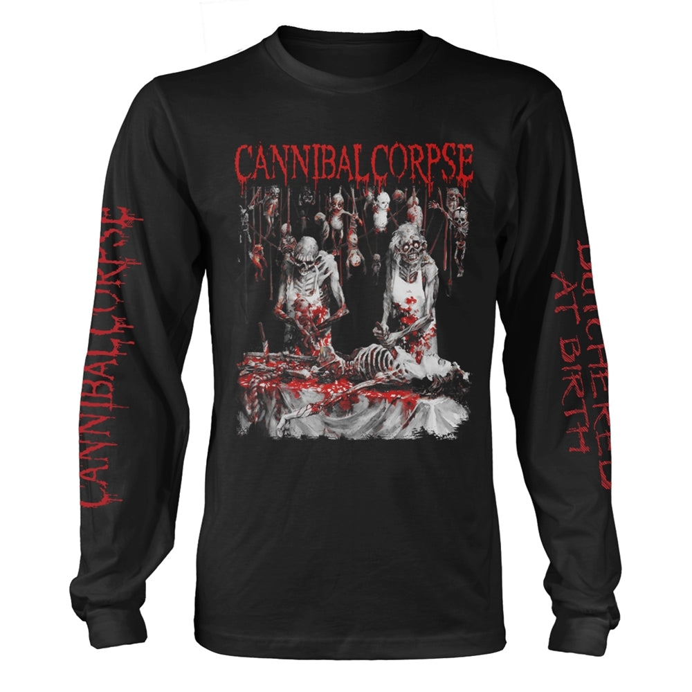 Black long-sleeve t-shirt with Cannibal Corpse Butchered at Birth graphic on front and sleeves.