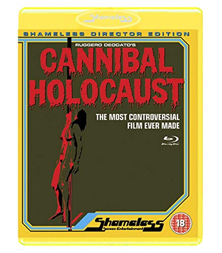 Blu-ray cover for "Cannibal Holocaust" with red title and silhouetted figure.