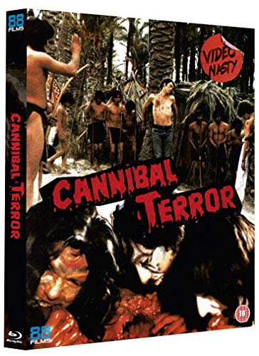 Blu-ray cover art for Cannibal Terror featuring jungle scenes and a bloody title design.
