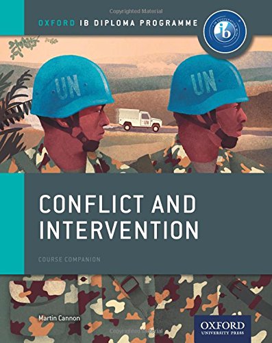 Textbook cover: “Conflict and Intervention” with soldiers and a UN vehicle.