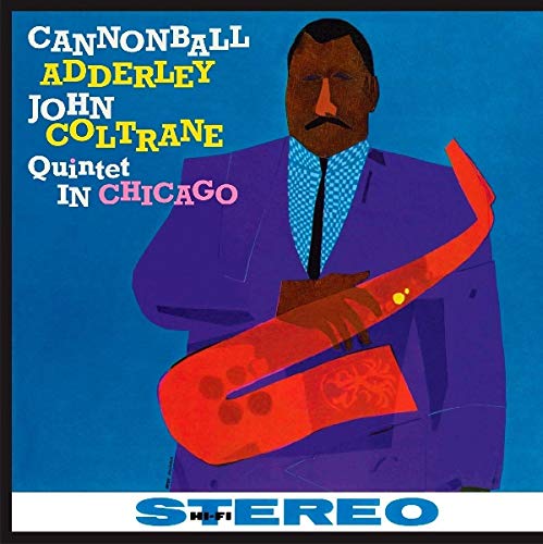 Stylized illustration of a man in a purple suit holding a red saxophone.