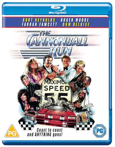 Cannonball Run" Blu-ray cover featuring a group of actors and a red sports car.