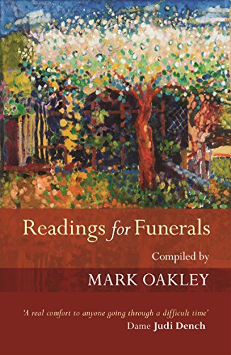 Book cover: "Readings for Funerals" with a colorful tree painting.