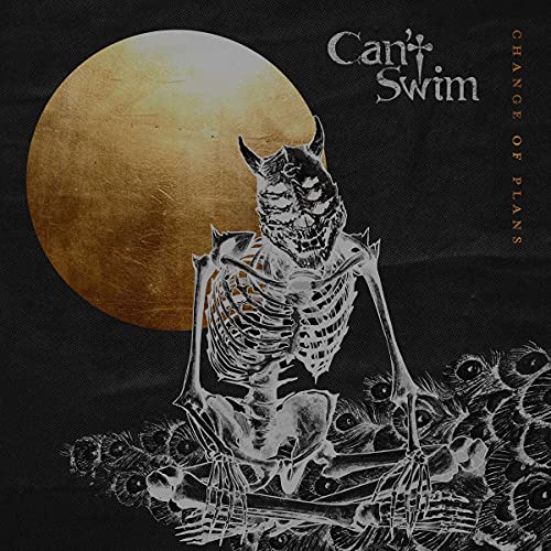 Dark album cover with owl skeleton and gold moon on black background.
