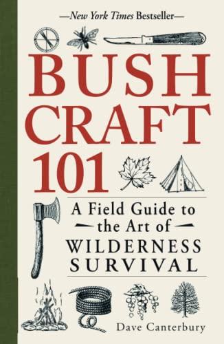 Book cover for Bushcraft 101 featuring illustrations of survival tools, a tent, and nature.