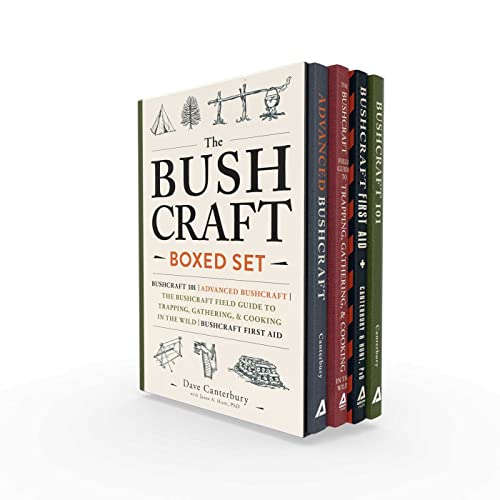 A boxed set of four Bushcraft books by Dave Canterbury standing on a surface.