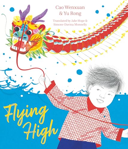 Book cover: boy with kite shaped like a colorful, long dragon.