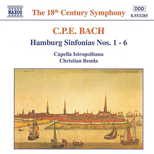 CD cover for C.P.E. Bach’s Hamburg Sinfonias with a cityscape painting.