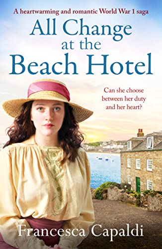 Book cover: woman in hat, coastal town, and title “All Change at the Beach Hotel.”
