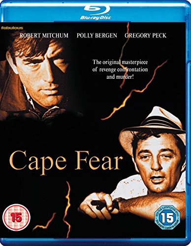 Cape Fear" Blu-ray cover featuring Robert Mitchum and Gregory Peck, dark and dramatic.