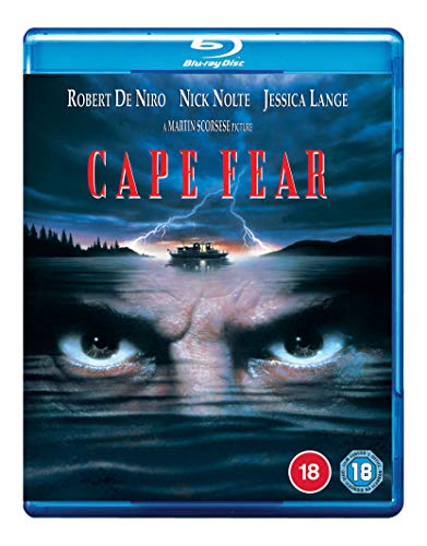 Cape Fear" Blu-ray cover with stormy seascape, menacing eyes, and cast names.