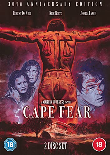 Cape Fear DVD cover: man with tattoos, distressed faces, and stormy landscape.