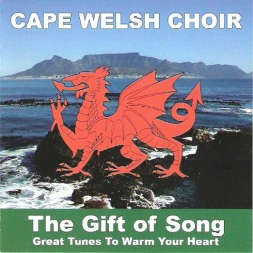 "CD cover featuring a red dragon on a rocky seaside with mountains."