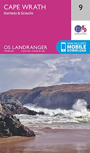 Ordnance Survey Landranger map 9, showing Cape Wrath coastline and waves.