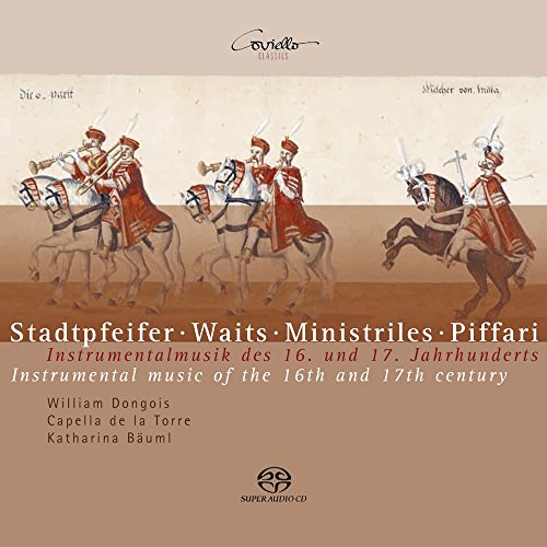 CD cover with medieval illustration of five men on horseback playing various instruments.