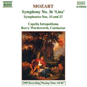 Compact disc cover featuring Mozart's symphonies with a classical painting of people outdoors.