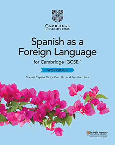 Cambridge IGCSE Spanish workbook cover with pink bougainvillea flowers.