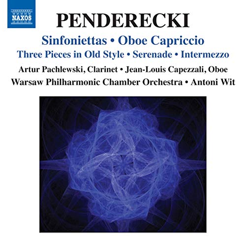 CD cover for Penderecki’s Sinfoniettas and Oboe Capriccio, abstract blue image.