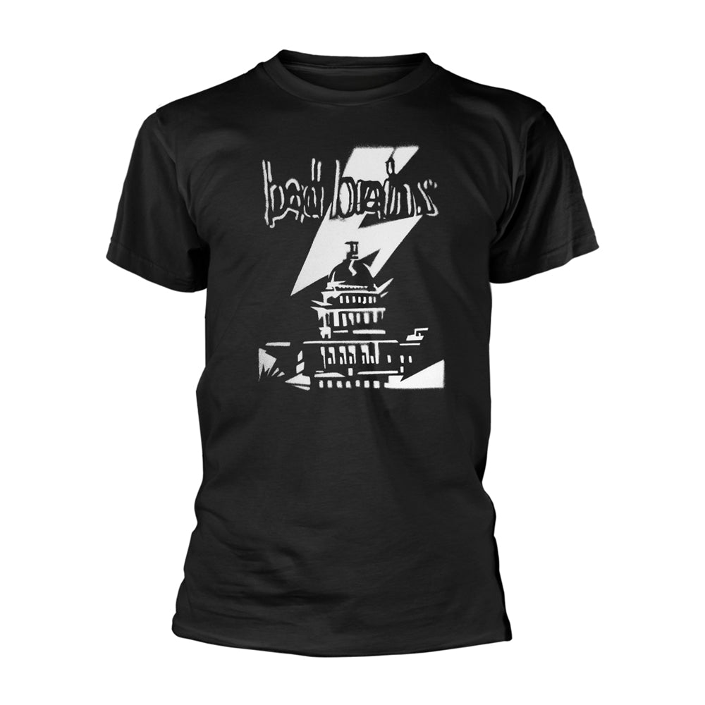 Black t-shirt with white graphic of a building and text.