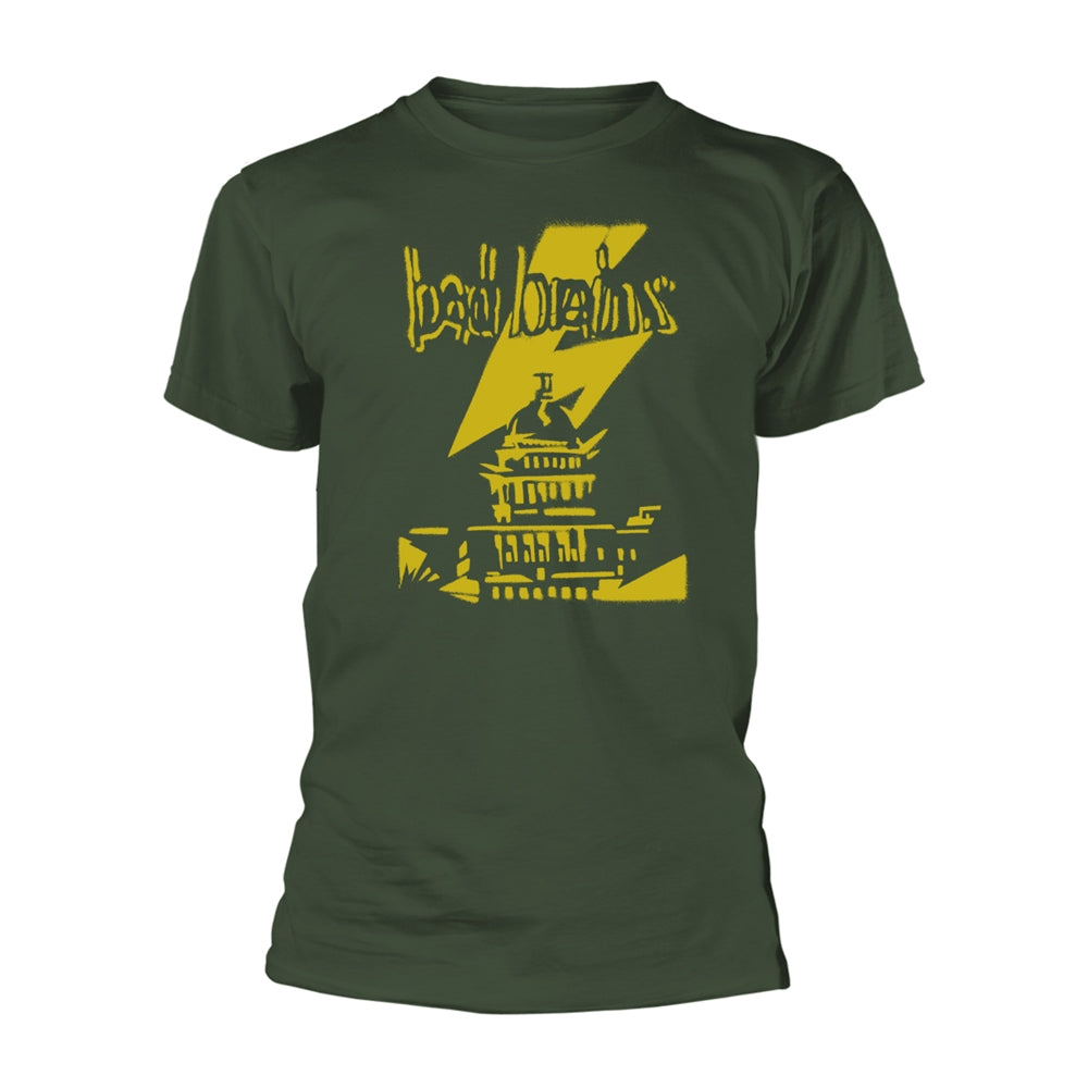 Dark green t-shirt with a yellow graphic of a capitol building and lightning.