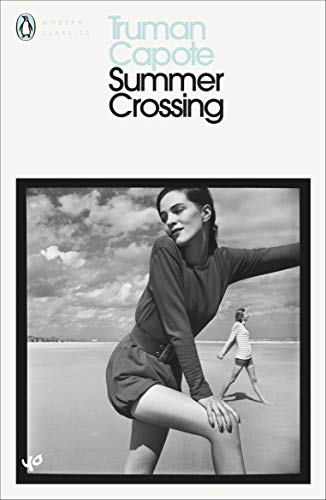 Book cover for Summer Crossing by Truman Capote featuring a black and white beach photo.