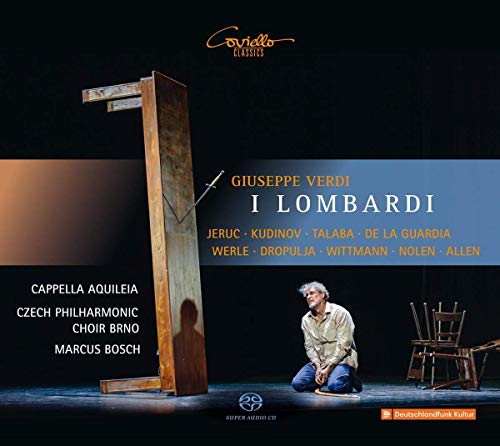"CD cover with a man kneeling beside a wooden gallows on a dark stage."