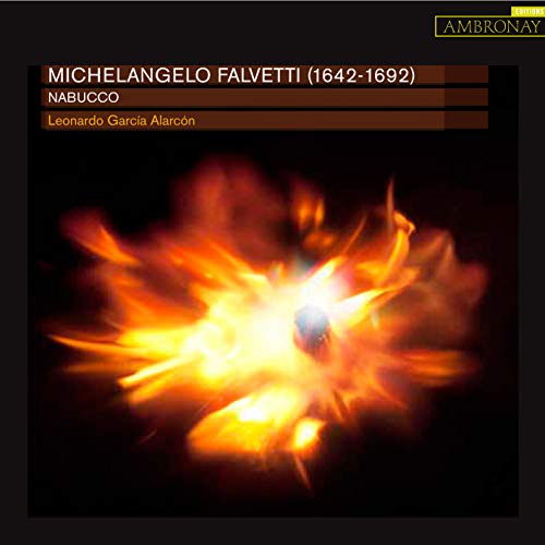CD cover for "Nabucco" by Michelangelo Falvetti, featuring fiery imagery.