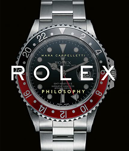 Close-up of a Rolex watch face with red and black bezel, book title.