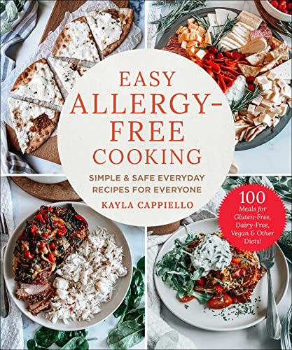 Cookbook cover with food photos, reading "Easy Allergy-Free Cooking" and "100 Meals".