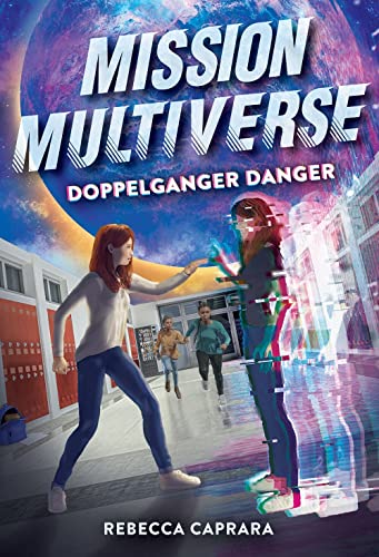Book cover: two girls facing each other, glitch effect, school background.