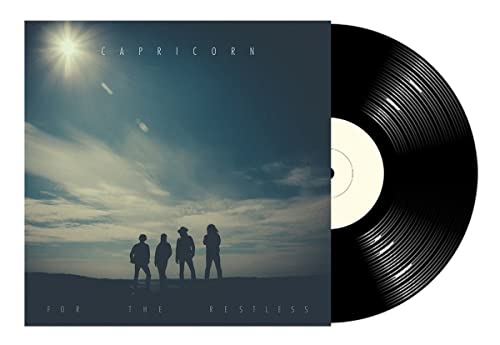 Vinyl record with album cover depicting a landscape and silhouetted figures.