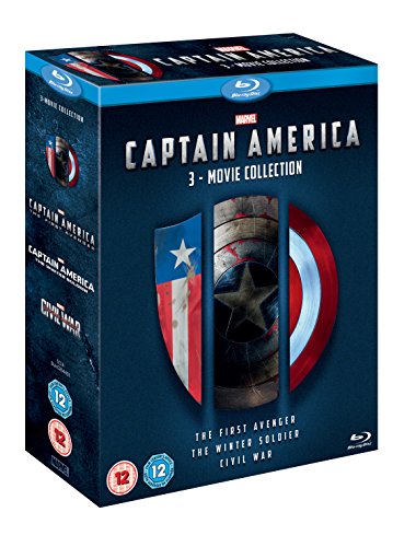 Captain America Blu-ray box set featuring three movie covers and shields.