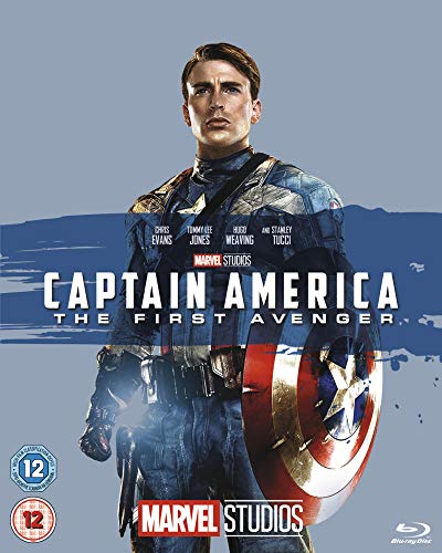 Captain America in uniform holding his shield on the movie cover art.