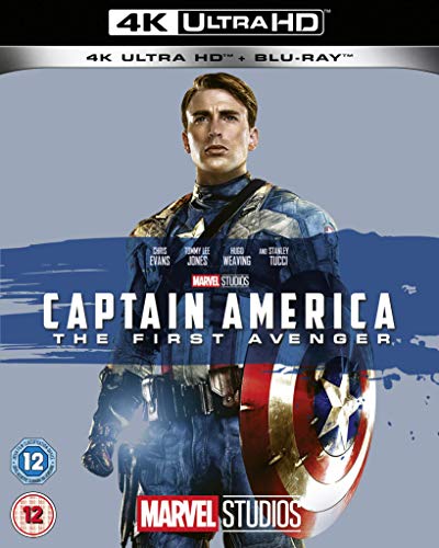 Captain America in uniform holding shield, 4K UHD Blu-ray cover.