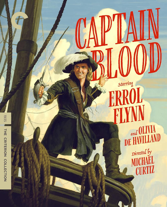 Captain Blood" movie poster featuring Errol Flynn as a pirate with a sword.